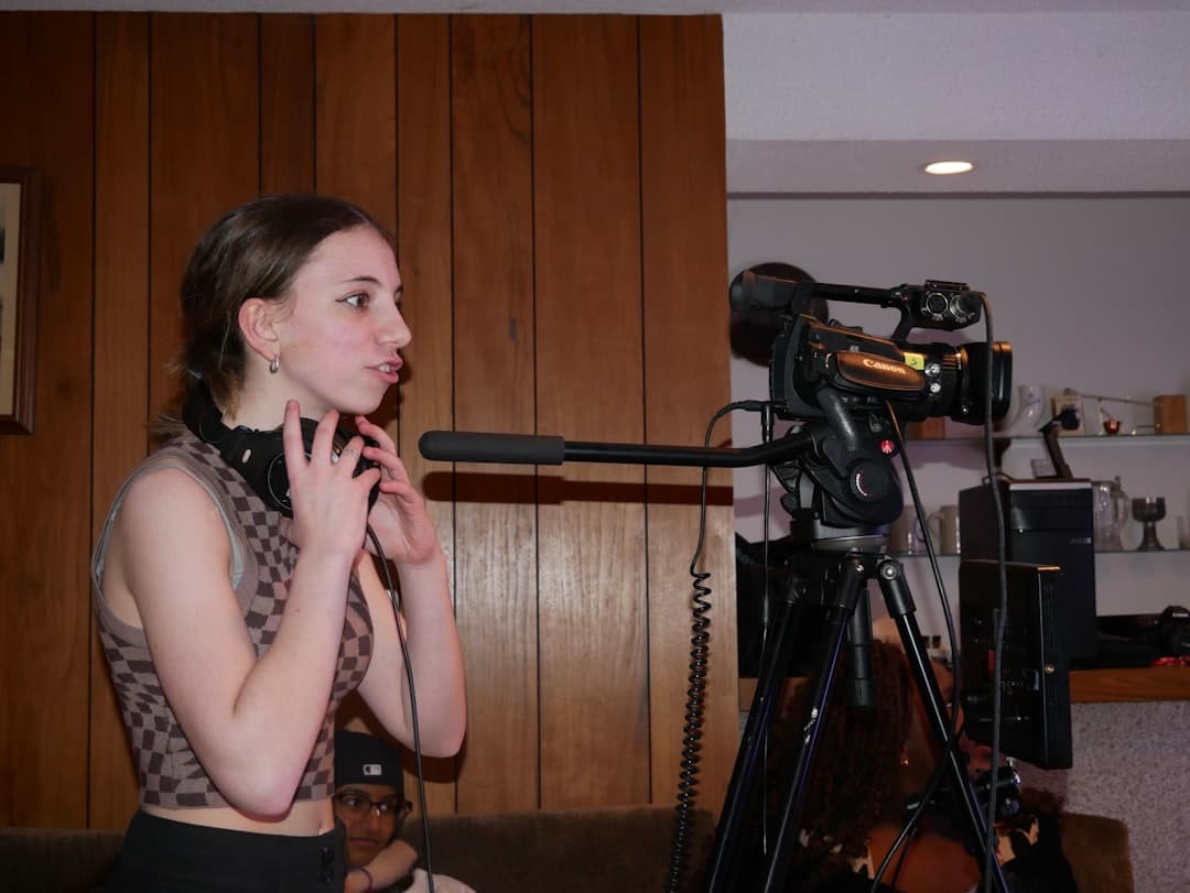 Professional voice over artist recording casual internet video voice over in studio